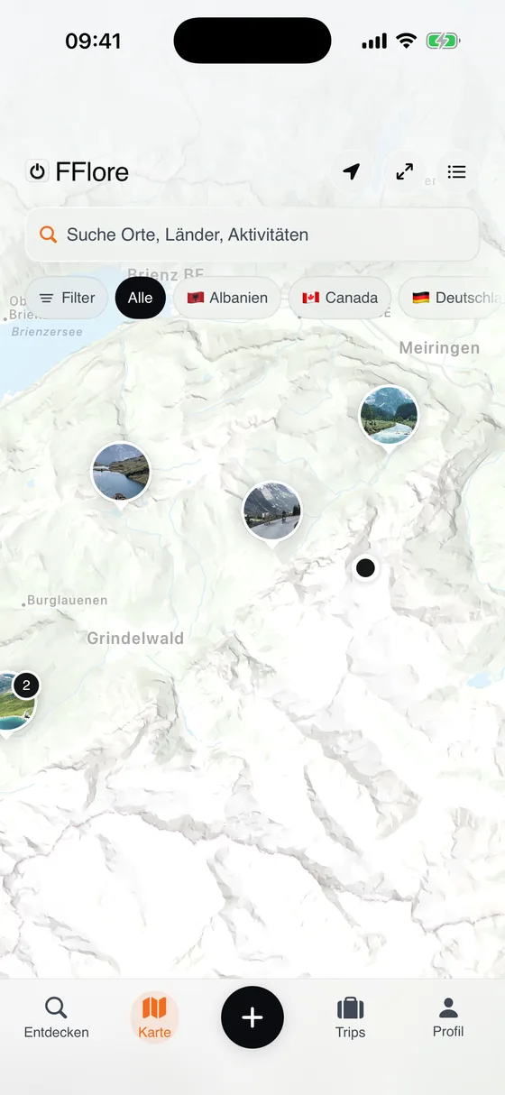 Kartenansicht in OFFlore mit gespeicherten Spots und geplanter Route